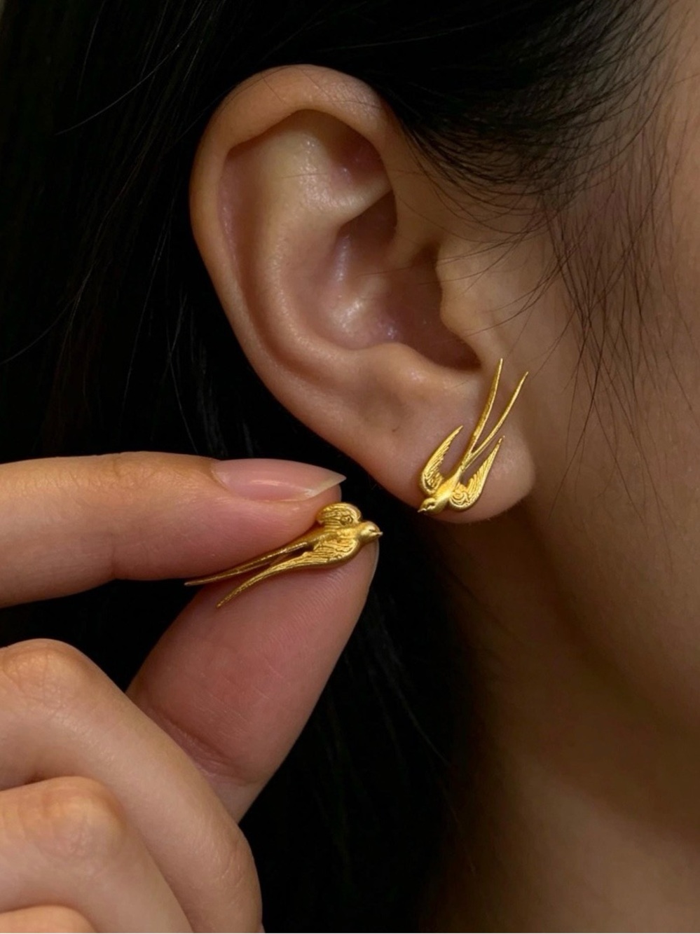 Gold Swallow Bird Stud Earrings - Picture 3 of 3